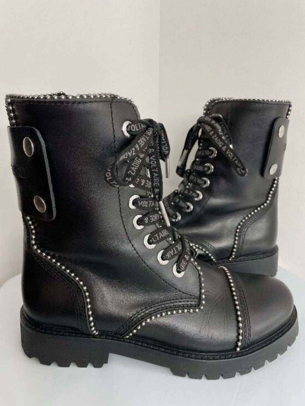 Zadig & Voltaire Black Leather Joe Studded Combat Moto Boots Women's Size US 6